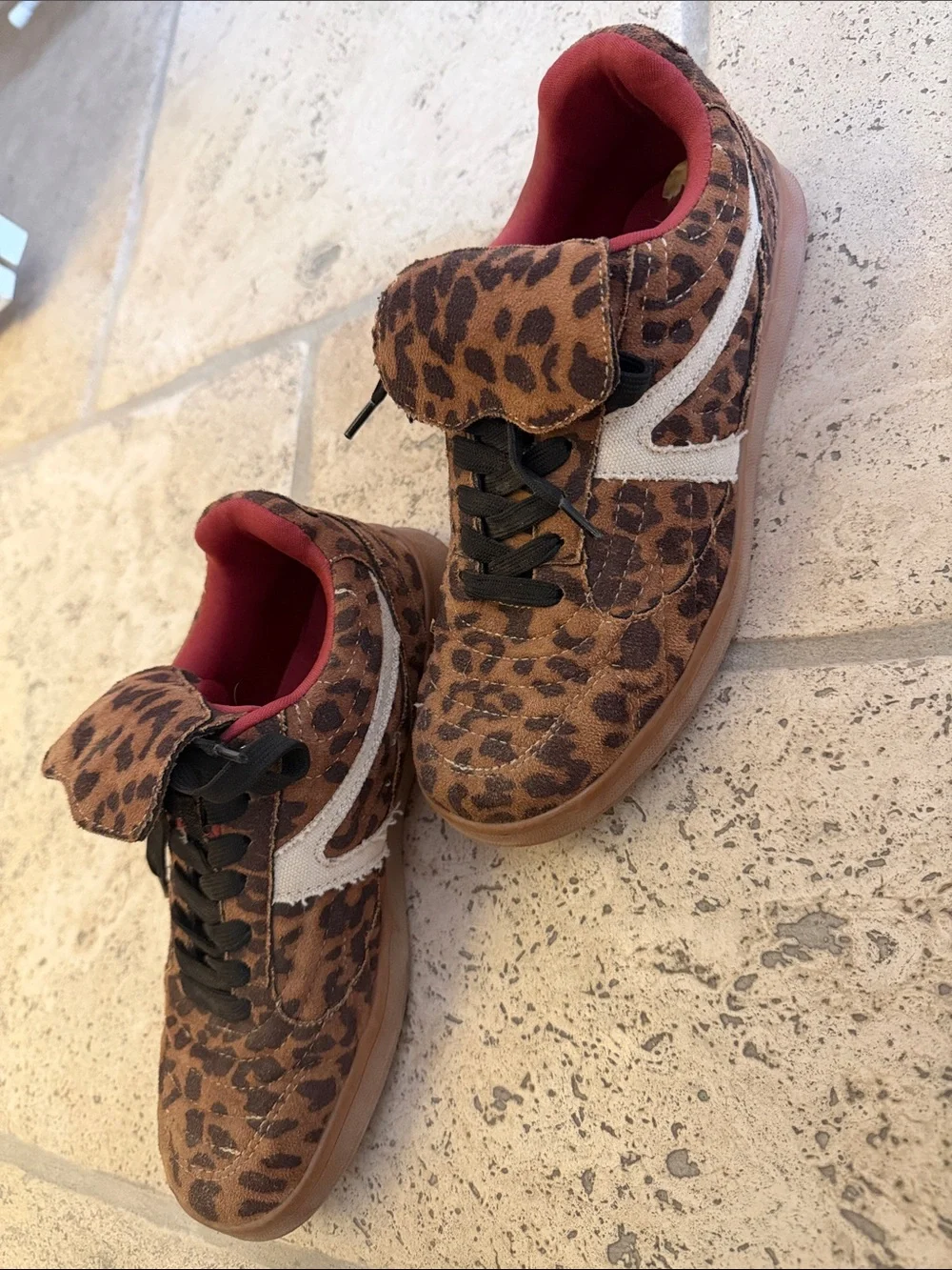 Kids Leopard Print Velcro Sneakers in Brown with Red Lining